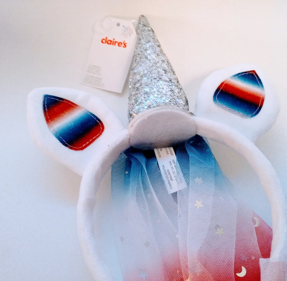 Claire's Unicorn Headband Girls Patriotic American Red White Blue Glitter Veil